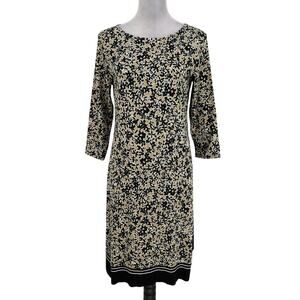 J Jill Wearever Dress Womens Small Black Beige Floral Stretch Knit Midi Career